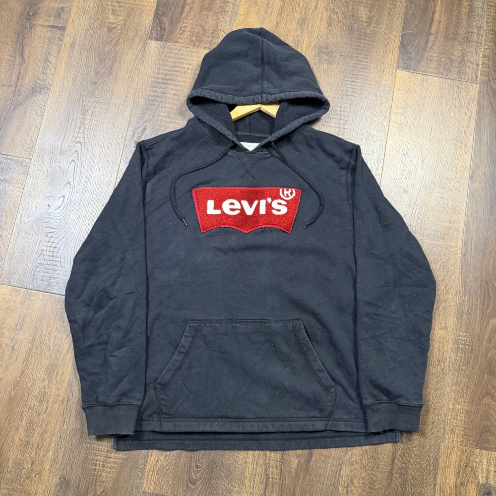 Levi's Men's Size L Black Pullover Hoodie Embroidered Batwing Logo Sweatshirt